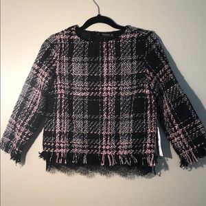 Zara Pink and Black Tweed Top w/ Lace Trim